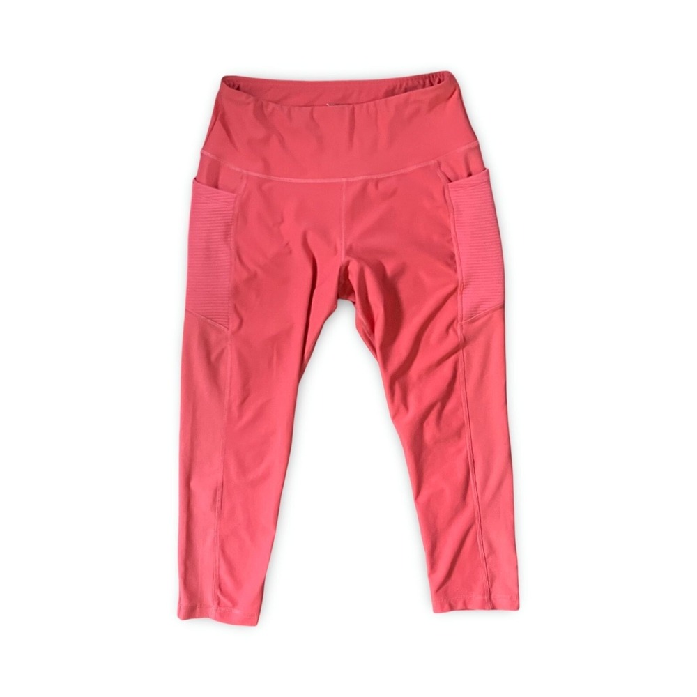 Vogo Athletica Womens Coral Pink Ribbed Pocket High Rise Crop Leggings Size M